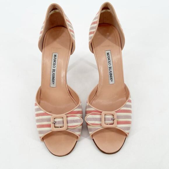 Manolo Blahnik Vintage Striped Pink Open Toe Buckle Detail D'Orsay Pump IT 37.5 - Picture 5 of 13